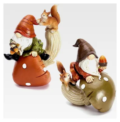 Produktbild von 2er Set Herbstdeko Figuren aus Kunstharz, Zwerge und Pilze für Innen- und Außendekoration, Gartenfiguren für Erntedank