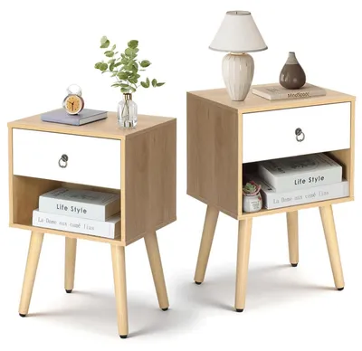 Produktbild von Nachttisch 2er Set mit 1 Schublade und 1 offenem Fach, Beistelltisch für Schlafzimmer und Wohnzimmer, 38 x 30 x 55 cm, Eiche & Weiß