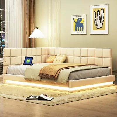 Produktbild von Schlafsofa 140x200cm mit LED Lichtleiste, USB Steckdose und Lattenrost, gepolstertes Leinenbett in Beige mit beidseitig montierbaren Schubladen