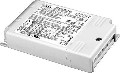 Imagen del producto de Fuente de alimentación TCI DC LED Driver, modelo Maxi Jolly, para uso en Estados Unidos, hasta 60W, de 350-1050mA, con regulación de intensidad mediante señal 1-10V y con función de encendido/apagado mediante pulsador