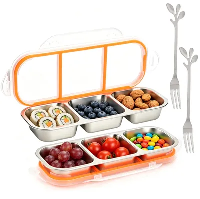 Snackbox aus Edelstahl, 2 Fächer, 600 ml, mit 2 Gabeln
