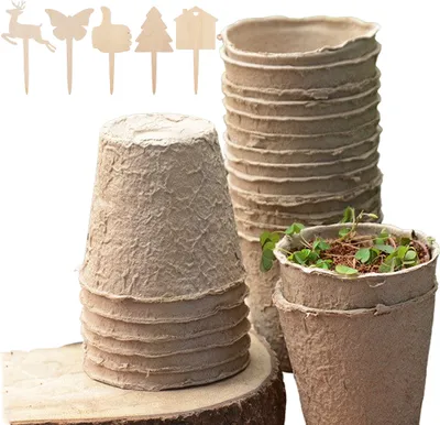 Image de 50x Pots de démarrage pour graines avec étiquettes de plantes en bonus - Barquettes de tourbe biodégradable de 3 pouces pour le démarrage de fleurs et de légumes - respirant et absorbant pour l'aération et la croissance des racines
