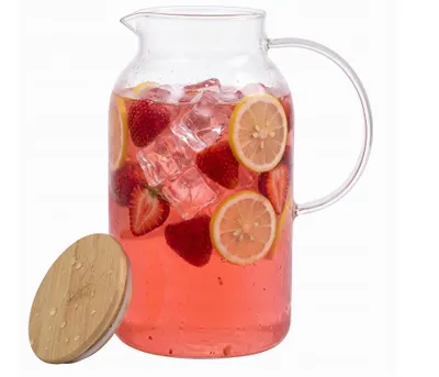 Produktbild von Glaskrug 1,8L mit Bambusdeckel | Minimalistischer Wasserkrug für Saft, Eistee & Limonade, Borosilikatglas