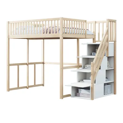 Produktbild von Hochbett(natur)140x200cm mit Sicherheitsaufbewahrungsleiter, Sicherheitsumrandung,Bettgestell aus massiver Kiefer,Geeignet für Kinder,Jugendliche