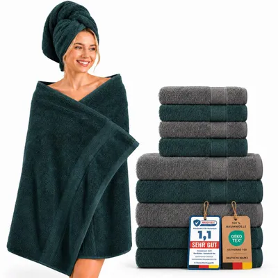 Produktbild von Komfortec 8er Handtuch Set aus 100% Baumwolle, 4 Badetücher 70x140 und 4 Handtücher 50x100 cm, Frottee, Weich, Towel Groß Anthrazit Grau /Dunkelgrün