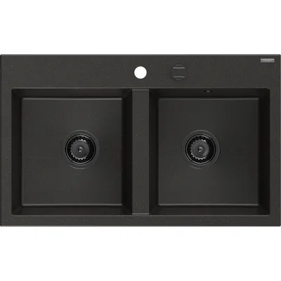 Zdjęcie produktu dla Mexen Hektor zlewozmywak granitowy 2-komorowy 800 x 480 mm, czarny/złoty metalik, syfon czarny - 6521802000-75-B