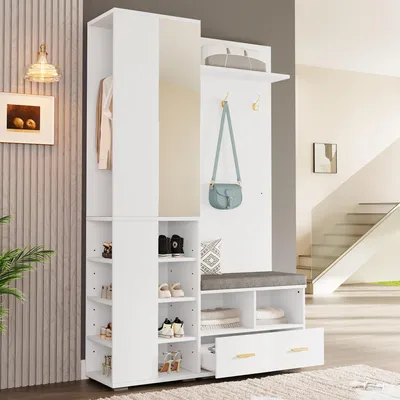 Produktbild von Merax garderobenstaender, Garderobenset, Flurschrank mit Spiegel, Kleiderstange, Schuhbank mit Regal, 3 Haken, 2 Schubladen und Ablagefach, Weiß