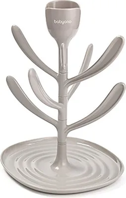 A gray bottle drying rack with a tray at the bottom.