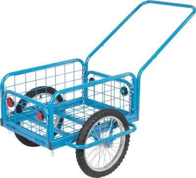 A blue cargo trailer with two wheels and a handle, shown against a white background.