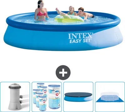 Produktbild von Intex runder aufblasbarer Easy Set-Schwimmpool – 396 x 84 cm – Blau – inklusive Pumpe Filter - Abdeckung - Bodenplane