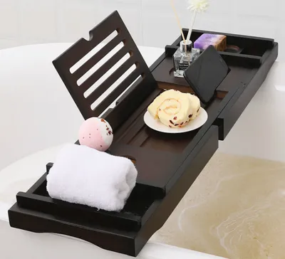 Produktbild von Decopatent® Badewannenablage - Ausziehbar 75 -> 110 Cm - Verstellbare Bambus-Badewannenablage - Buchhalter - Tablet-Halter - Braun