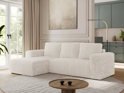 Produktbild von MKS MEBLE Sofa mit Schlaffunktion - Ecksofa mit Schlaffunktion und Bettkasten - Sofa 3 Sitzer - Schlafsofa - Couch - Schlafsofa mit Bettkasten - Trentino L - Beige Cord - Links