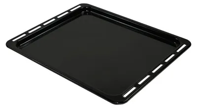 A black oven baking tray shown from a diagonal angle against a white background.