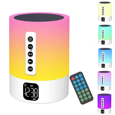 A product shot of a multi-functional Bluetooth speaker lamp with a remote control, showing various color options.