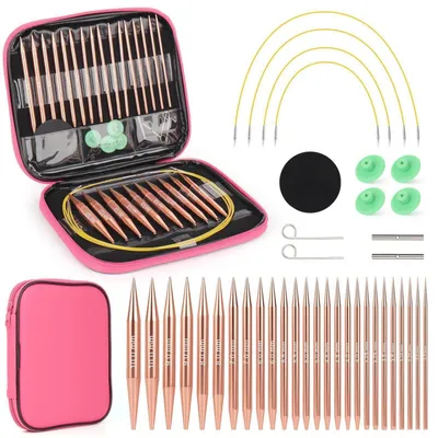 Immagine prodotto di Set di ferri circolari intercambiabili, da 3,0 a 10,0 mm, color oro rosa, con custodia