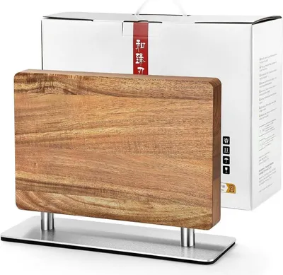 Image de Porte-couteau magnétique en acacia avec socle en acier inoxydable