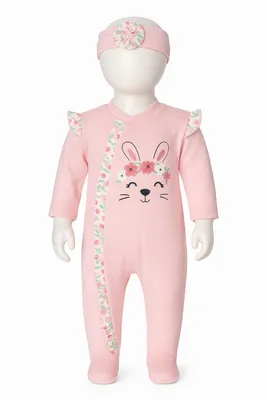 Produktbild von Baby Mädchen Strampler mit Fuß + Stirnband, 100% Baumwolle, Größe: 50, Farbe: Rosa