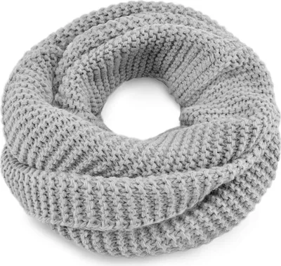 A close-up, studio shot of a gray knitted infinity scarf.