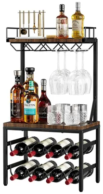 Weinregal mit 3 Ebenen, Flaschenhalter, 8 Glashaltern, Retro Braun+Schwarz