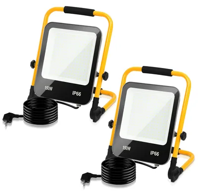 Zdjęcie produktu dla Zestaw 2 reflektorów LED do budowy, moc 150 W, strumień świetlny 12000 lm, klasa szczelności IP66, lampa robocza z 3-metrowym kablem, przeznaczona do użytku na budowach, w przemyśle i na zewnątrz