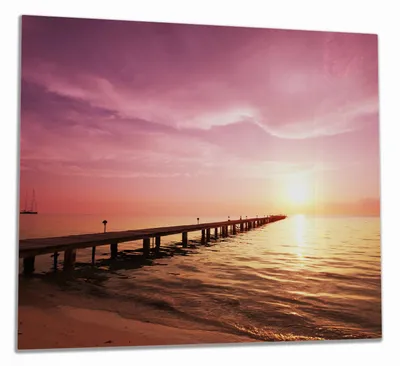 Produktbild von Wallario Herdabdeckplatte aus Glas, Größe 60 x 52 cm 1-teilig, Motiv Auf dem Weg zur Sonne  Steg am Meer