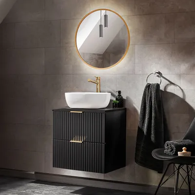 Produktbild von Waschplatz Set mit 61cm Waschtisch mit Aufsatzwaschbecken und rundem Spiegel, matt schwarz gerillt, ADELAIDE-56-BLACK, B/H/T ca. 60,6/200/46,5 cm