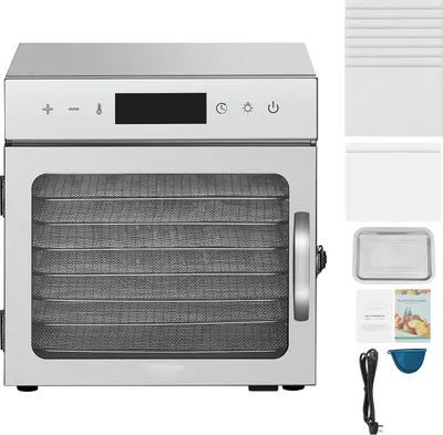 A stainless steel food dehydrator with multiple trays, shown with accessories like drying mats, a drip tray, a recipe book, and a power cord.