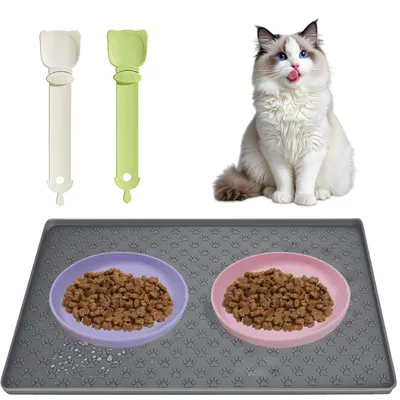 Image de Ensemble de 2 gamelles en silicone pour chats, avec tapis antidérapant