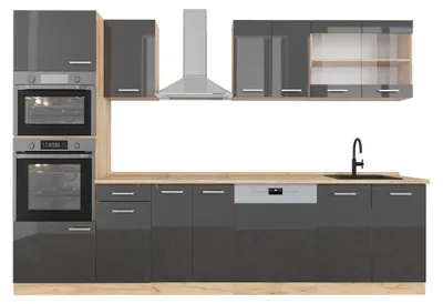 Produktbild von Küchenzeile Vicco R-Line Anthrazit Hochglanz/Goldkraft Eiche 300 cm mit Hochschrank, AP Eiche, Model 43007