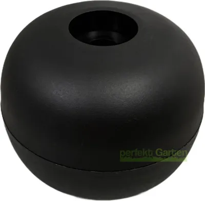 A black spherical object with a hole in the top, likely a roller or wheel for garden equipment.