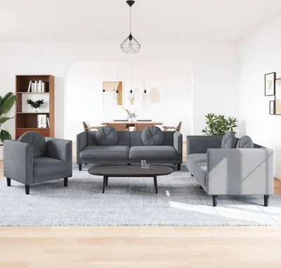 Produktbild von ZMH 3-tlg. Sofagarnitur mit Kissen Dunkelgrau Samt