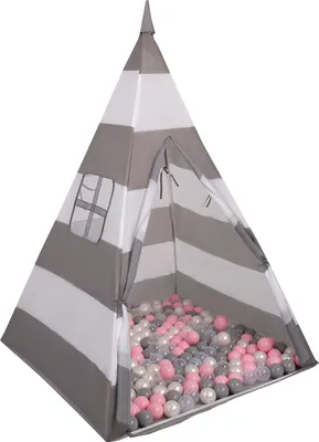 Produktbild von Selonis Tipi Spielzelt Mit 200 Bälle 6 Cm zelt Für Kinder, Grau-Weißstreifen:Perle/Grau/Transprent/Puderrosa