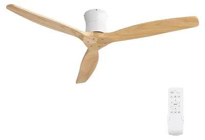 Zdjęcie produktu dla Wentylator sufitowy bez oświetlenia, z pilotem i timerem, średnica 52 cali (132 cm), silnik DC, 6 stopni prędkości, 3 drewniane łopatki