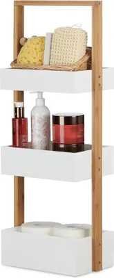 Image de Étagère de salle de bain en bambou à 3 étages - Blanc/Naturel - 76 x 30 x 185 cm