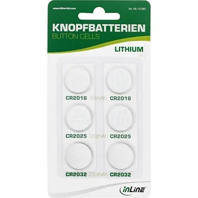 Produktbild von InLine® Knopfbatterien-Set, 3V Lithium, 2x CR2016, 2x CR2025, 2x CR2032, 6er Pac
