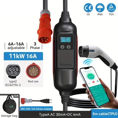 Image de Borne de recharge pour véhicules électriques 11 kW - Chargeur domestique intelligent et chargeur mobile avec prise de type 2