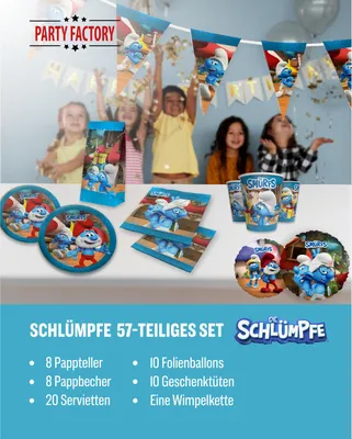 Produktbild von Die Schlümpfe 57-tlg. Party Set – Deko mit Bechern Tellern Servietten Tüten