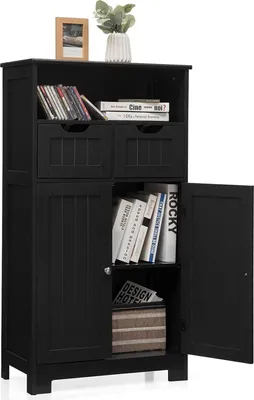 Produktbild von GOPLUS Badezimmerschrank mit 2 Schubladen, Badezimmermöbel Doppeltür mit verstellbare Einlegeboden, Mehrzweckschrank aus Holz, 60x30x109cm (Schwarz)