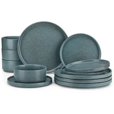 Produktbild von VANCASSO, 12-tlg Steingut Geschirrset, Kombiservice für 4, Tafelservice mit Speiseteller, Dessertteller, Schale, Blau