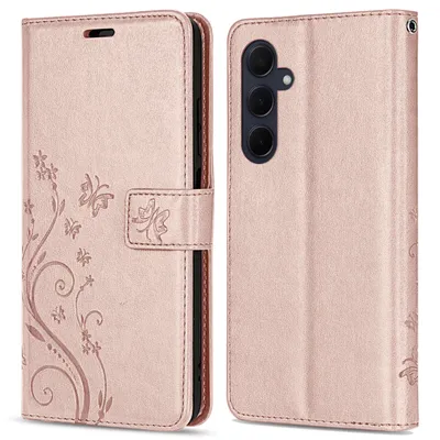 A rose gold flip case for a Samsung Galaxy A35 phone is shown from the front and back.
