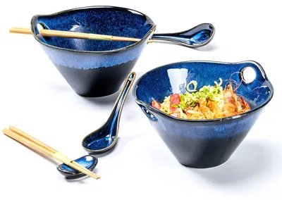 Japanische Ramen-Schalen-Set, 2x900 ml, Blau, mit Löffel & Stäbchen