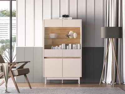 Produktbild von Vitrine – Glasvitrine – Standvitrine – DUNEA – Kaschmir – 92 cm – Stilvolle Standvitrinen mit Glastüren und Holzoptik