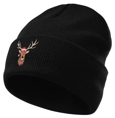 Kerstmuts mit Rentier-Stickerei, Unisex-Beanie, schwarz
