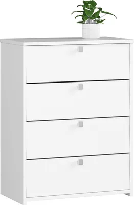 A white dresser with four drawers and a plant on top.