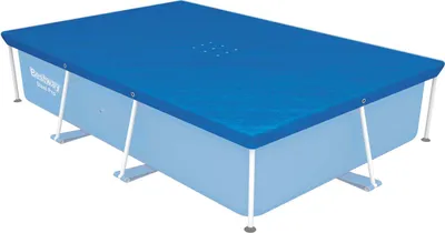A rectangular swimming pool with a blue cover, supported by white metal legs.