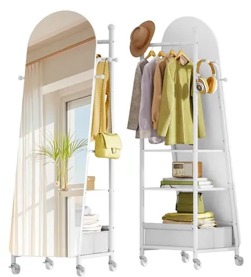 Immagine prodotto di Specchio a figura intera con rotelle, 165 x 50 cm, bianco | Specchio a figura intera con appendiabiti e ganci