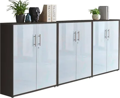 Produktbild von Aktenschrank TABOR 99 in anthrazit / weiß Hochglanz, Schrankwand, Büroschrank, abschließbar, Metallgriffe