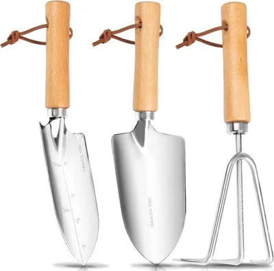 Image de Ensemble de 3 outils de jardinage Unyqoos® en acier inoxydable résistant à la rouille : une petite pelle, une truelle et une grelinette à 3 dents, avec manches en bois, de style classique, idéal pour les plantes d'intérieur et de balcon