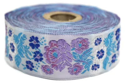 Jacquard-Band, 10 m x 35 mm, lila/hellblau, Gartenmuster