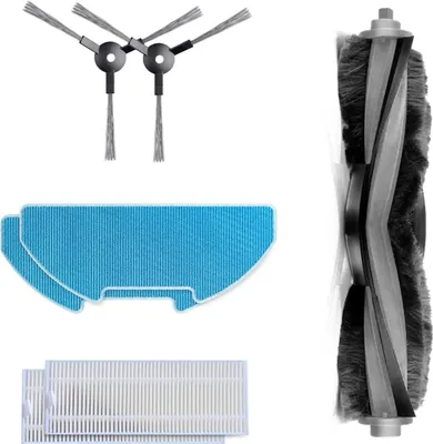 A collection of robot vacuum cleaner replacement parts, including brushes, filters, and mop pads, arranged on a white background.